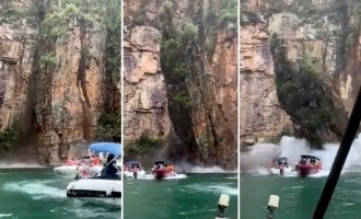 Wall of rock collapses on tourist boats in brazil furnas lake