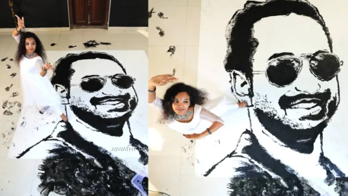 Girl dances and paints Fahadh Faasils picture using feet