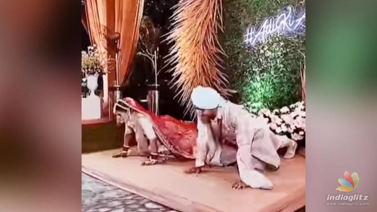 Bride and groom do push ups in wedding attire