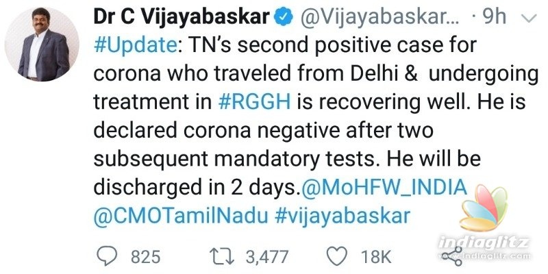 Second corona positive case in Tamil Nadu recovers!