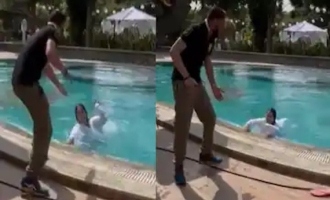 Famous actress throws slipper at man from swimming pool  - Video goes viral