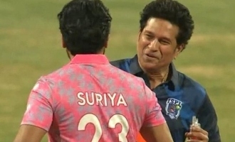 Actor Suriya Batting in Sachin Tendulkar Bowling ISPL Cricket T10 Match Latest Viral Video