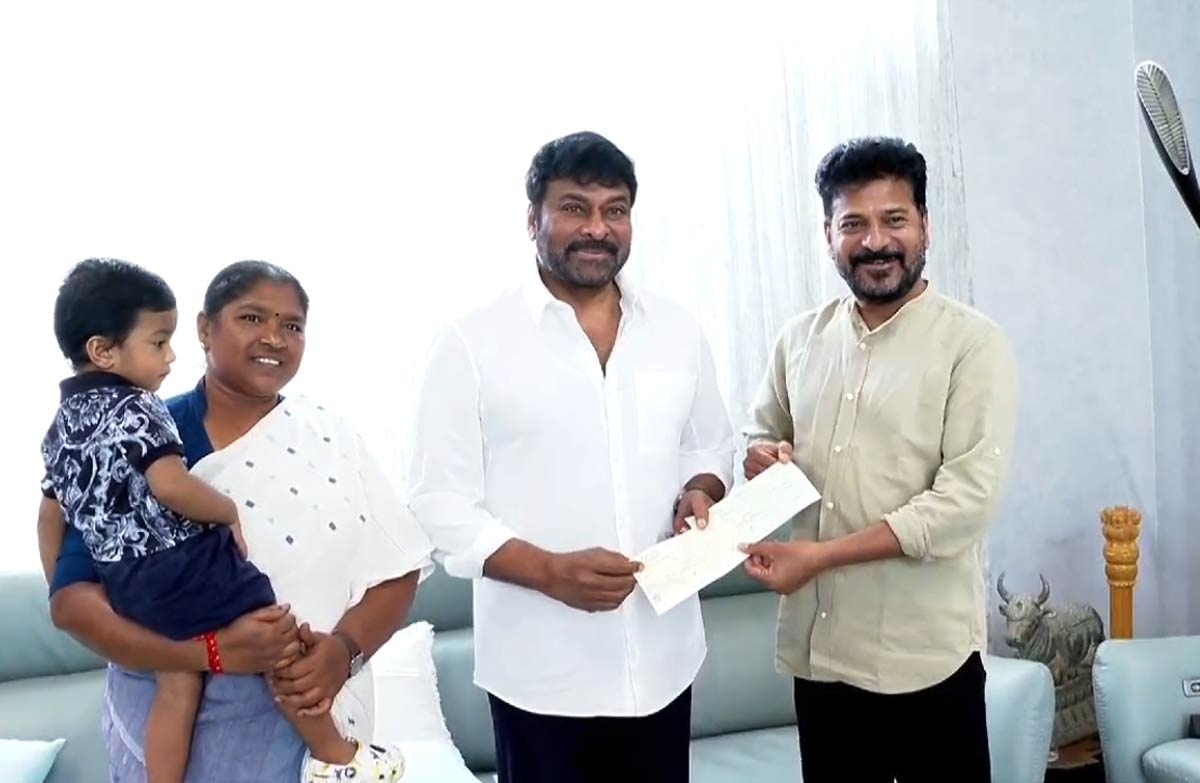 Chiranjeevi handover cheques for flood victims to CM Revanth Reddy