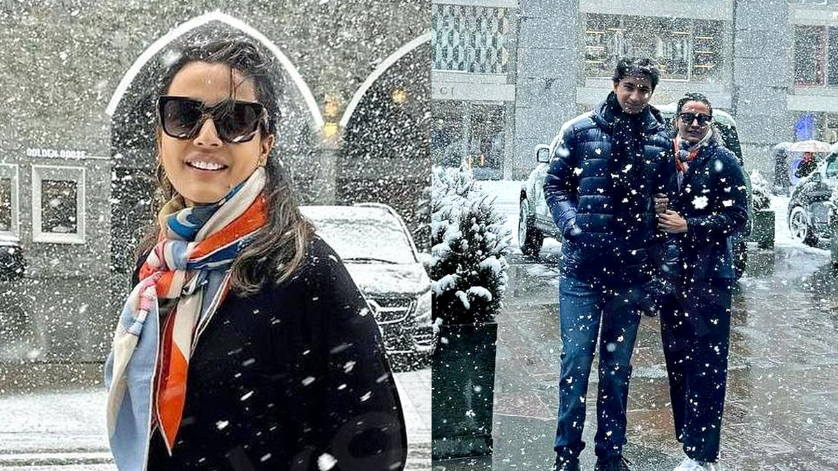 Namrata playful in the snow with Sitara and Gautham