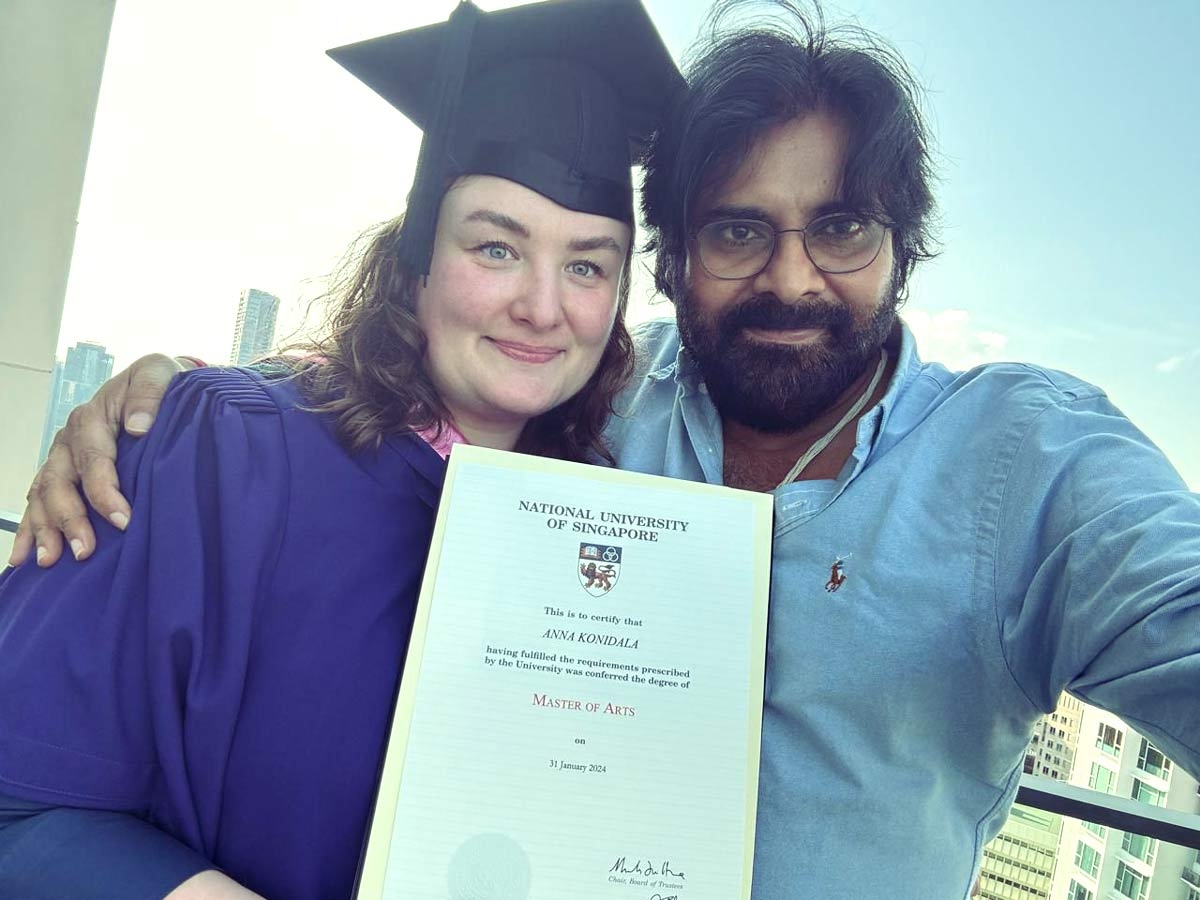 AP Dy CM Pawan Kalyan seeing his wife Anna Lezhenevas academic triumph in Singapore University