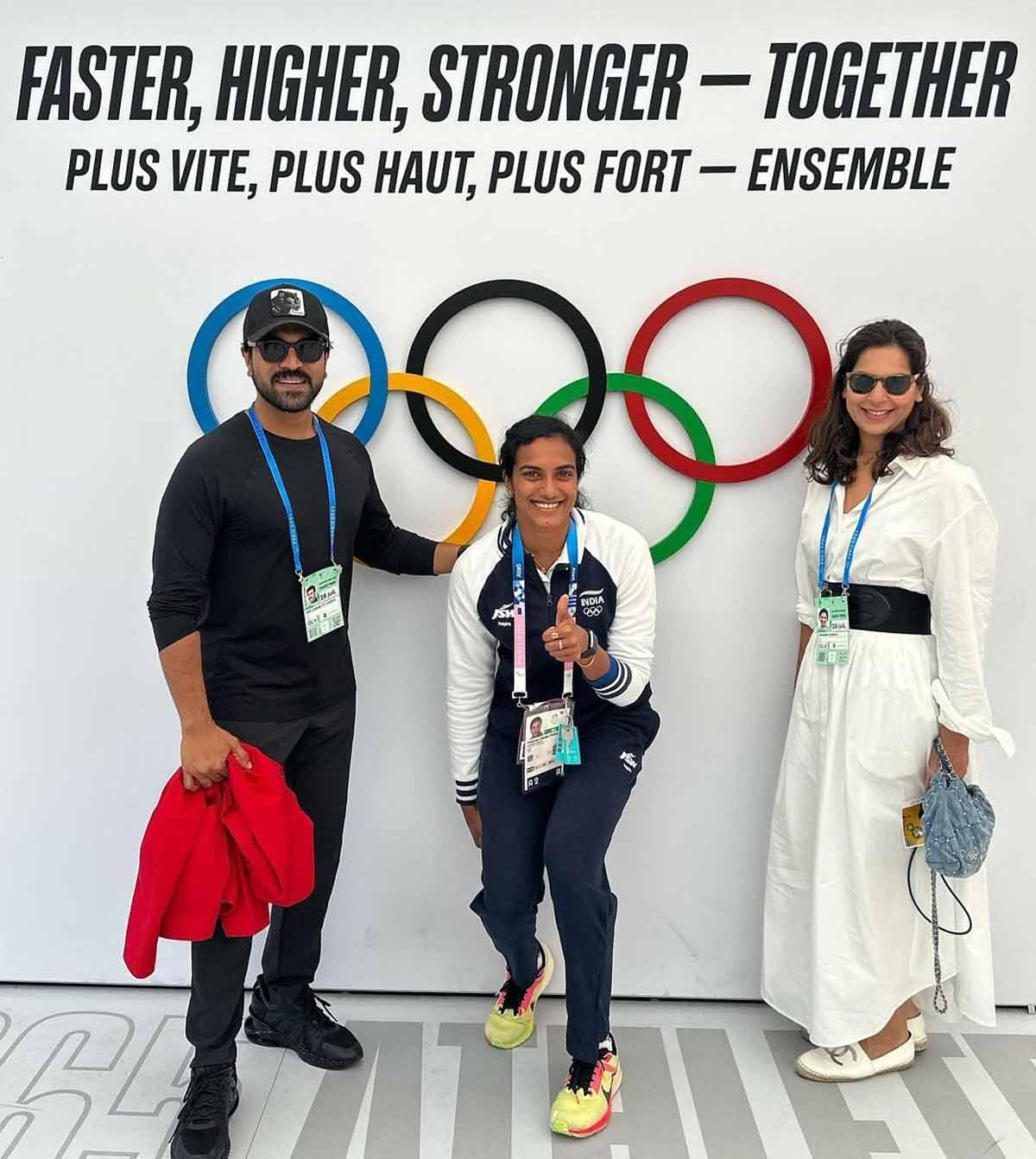 Celestial Encounter at the Paris Olympics 2024: Ram Charanâ,Rhyme and PV Sindhus Joyous Meeting